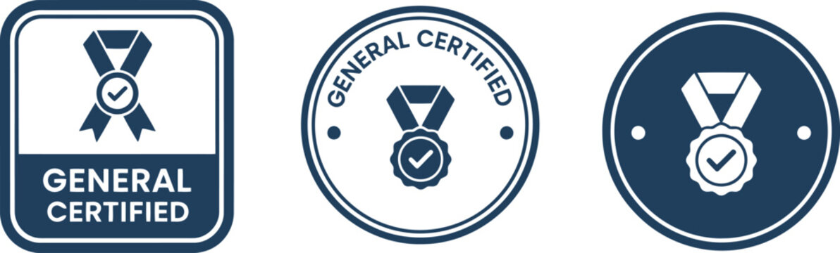 General Certified Badge Icons Set &ndash; Blue Vector Medals with Check Mark for Quality Assurance and Certification