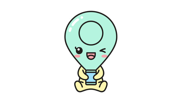 Kawaii map pin character illustration, cute mint green location pointer mascot, happy winking gps marker emoji vector for travel apps