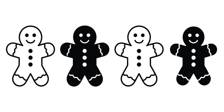  Set of gingerbread man icons in outline and solid black style, Christmas cookie silhouettes for holiday design.