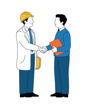  Engineer and businessman shaking hands, professional partnership and successful agreement flat vector illustration.