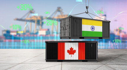 Global Trade Exchange: A striking visual of shipping containers, each adorned with the national flags of India and Canada, suspended in a harbor, symbolizing international trade and economic growth. © bao