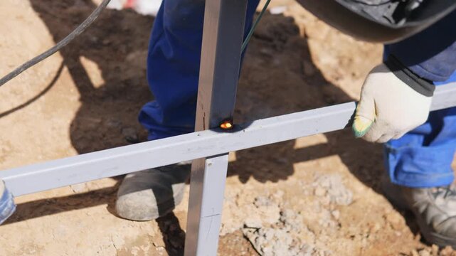 Installer Welding Crossbeam At Foundation, Closeup Of Molten Bead And Bright Arc, Gloved Hands Hold Electrode And Clamp, Dusty Ground And Excavation Visible, Protective Boots And Focused