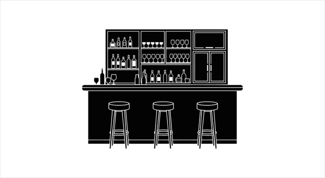 Classic Bar Counter with Stools and Shelves Full of Bottles.