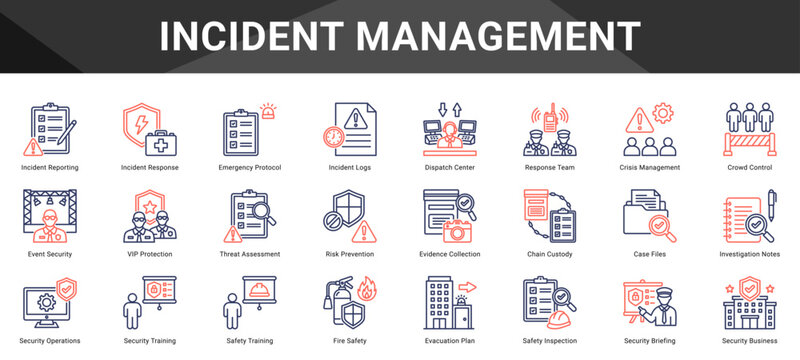 INCIDENT MANAGEMENT  Icon set collection. Vector icon pack featuring thematic icons for your presentations or business.