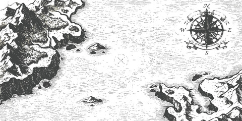 Old vintage fantasy map with coastline mountains and a traditional nautical compass rose illustration © ZenVectors