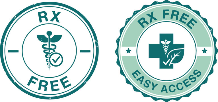 RX Free Badge Icons for Over-the-Counter Medication and Pharmacy Labeling in Green Vector Style