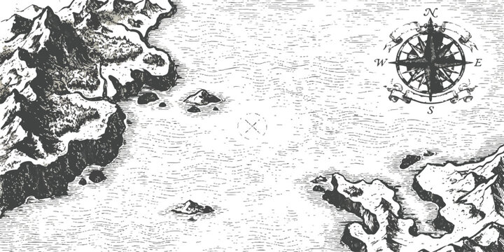 Old vintage fantasy map with coastline mountains and a traditional nautical compass rose illustration