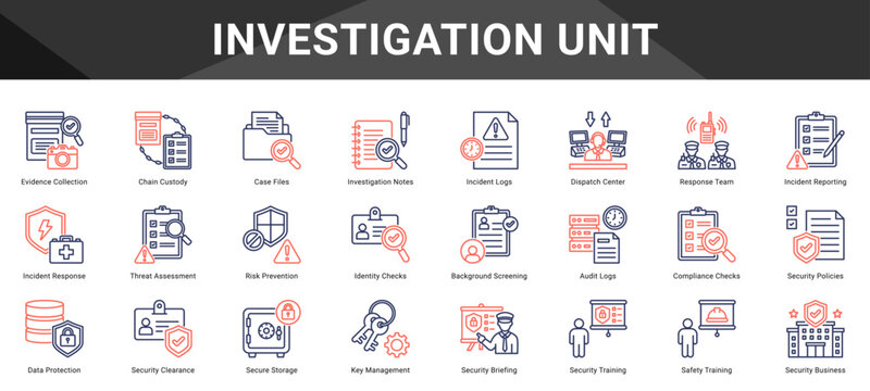 INVESTIGATION UNIT  Icon set collection. Vector icon pack featuring thematic icons for your presentations or business.