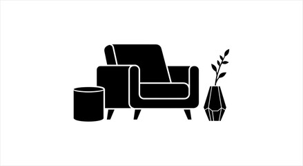 Fototapeta premium Minimalist black silhouette of an armchair with a side table and a decorative plant vase.