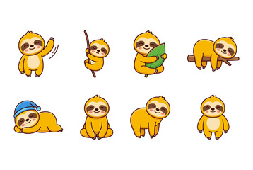 Fototapeta premium Cute Sloth Character Set in Various Poses and Actions, Kawaii Baby Sloth Mascot Collection Sleeping Hanging and Waving, Funny Tropical Animal Vector