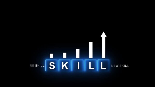 skills icon on glowing neon graph concept. Upskilling and personal development concept. Skill training, education, learning, ability. Upskilling, reskilling,.4k motion video