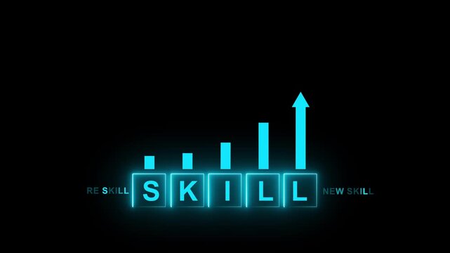 skills icon on glowing neon graph concept. Upskilling and personal development concept. Skill training, education, learning, ability. Upskilling, reskilling,.4k motion video
