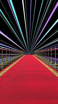 Red Carpet with Moving Light Rays and Flashing Lights - 3d 4k vertical animation (2160 x 3840px)
