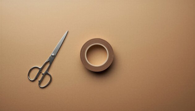Minimalist flat lay of brown packaging tape roll and silver scissors on plain kraft paper surface, logistics and packing concept