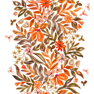 Folk floral ornament. Ethnic floral motifs. Watercolor hand painted seamless pattern for textile, fabric, wallpaper. Red ethnic floral design
