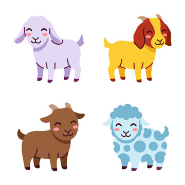 Cute Goat Sheep Character Set Vector Illustration of Farm Animals Including Ram, Lamb, Billy Goat in Kawaii Style Isolated on White Background for Kids