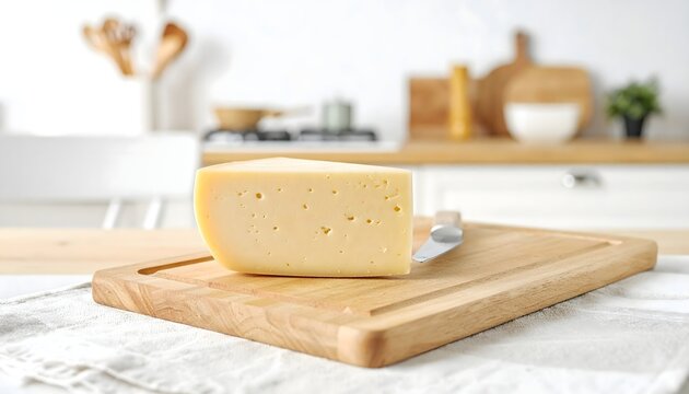 Cu&ntilde;a de queso semicurado sobre tabla de madera en cocina luminosa con estilo gastron&oacute;mico natural