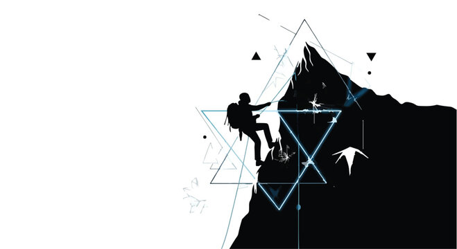 Mountaineer climbs a steep cliff face integrated with geometric shapes and thin lines.