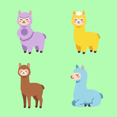 Fototapeta premium Adorable Alpaca and Llama Character Set, Cute Furry Animals in Different Poses and Colors, Kawaii Farm Animal Vector Illustration for Kids Design