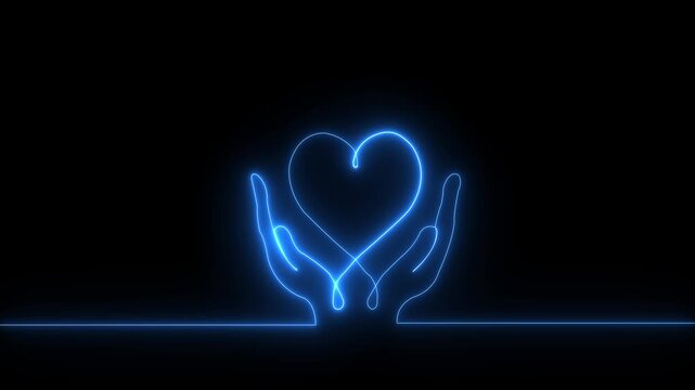Human hands and heart self drawing animation. Charity and love concept. black background. motion golden line color 4k video...