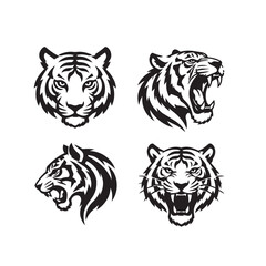 Fototapeta premium Collection of four black and white tiger head illustrations