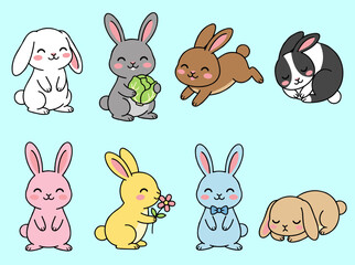 Fototapeta premium Cute Rabbits Collection, Kawaii Bunny Characters in Various Activities like Eating Cabbage, Jumping and Sleeping, Easter Animal Mascot Vector Set