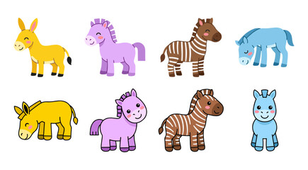 Naklejka premium Kawaii Horses and Zebras Icons Set, Cute Pony, Donkey and Striped Zebra Characters for Nursery Decor, Animal Education and Farm Theme Illustration