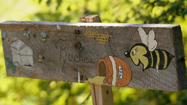 Wooden sign with painted bee and honey jar in a garden