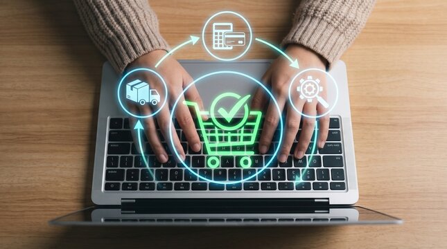 A high angle view of a professional person typing on a laptop with a floating digital interface representing logistics shopping carts and efficient plans