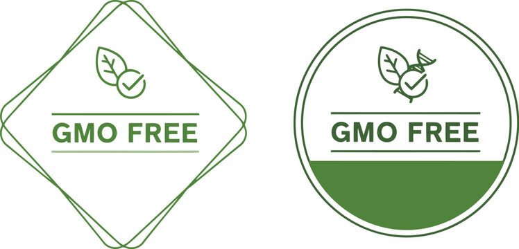 GMO Free Badge Icons with Leaf Checkmark for Organic Natural Food Labels and Packaging Design