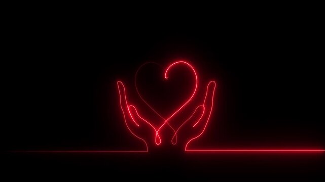 Human hands and heart self drawing animation. Charity and love concept. black background. motion golden line color 4k video...