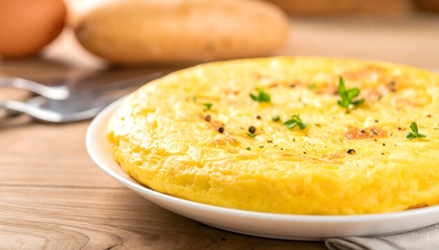 Tortilla francesa esponjosa con hierbas servida en plato blanco sobre mesa de madera