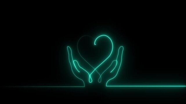 Human hands and heart self drawing animation. Charity and love concept. black background. motion golden line color 4k video...