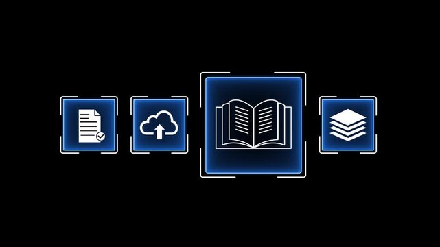 Glowing neon digital e-learning with document, folder, book, and cloud upload icons. Concept of digital document management, knowledge base, e-library, cloud storage and online learning.4k video