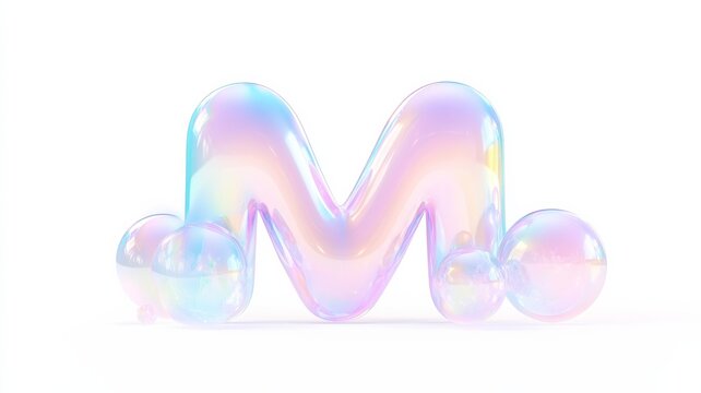 Vibrant holographic letter m with floating blobs for modern design