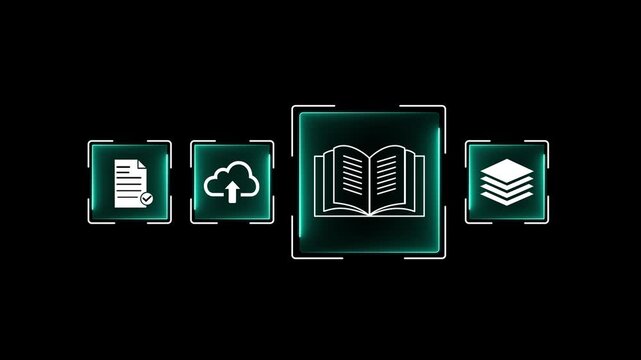 Glowing neon digital e-learning with document, folder, book, and cloud upload icons. Concept of digital document management, knowledge base, e-library, cloud storage and online learning.4k video