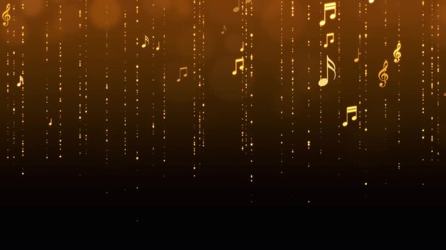 golden music note and shiny glittering gold stars strings animation, musical concert and party social media and story motion background