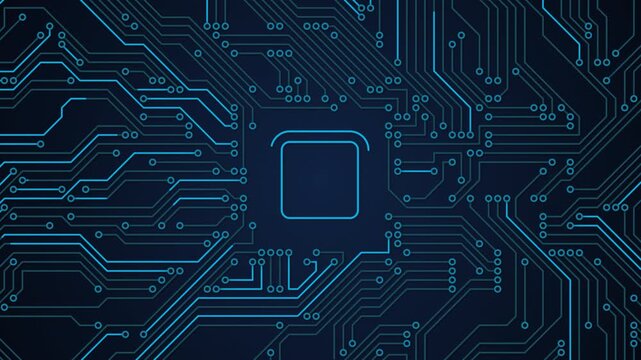 Computer motherboard circuit diagram on a dark blue background.