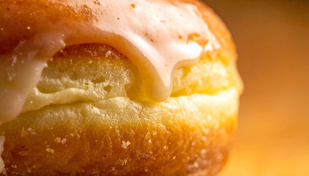 Primer plano de donut glaseado con cobertura rosa sobre fondo c&aacute;lido de reposter&iacute;a dulce