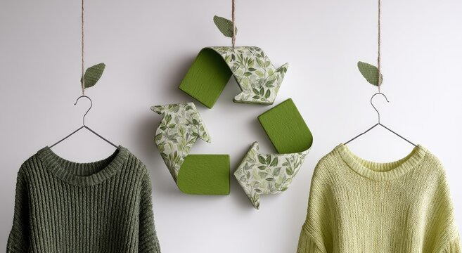 Sustainable Fashion Concept - Recycling Symbol with Hanging Clothes.