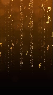 golden music note and shiny glittering gold stars strings animation, musical concert and party vertical social media and story motion background