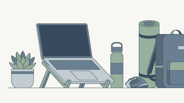 Remote work essentials with laptop and outdoor gear