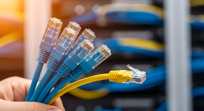 Networking Ethernet cables in data center | Blue and yellow RJ45 internet patch cords | IT technician holding network connection cables | Fast data transfer and cloud computing infrastructure