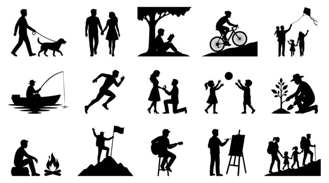 A diverse collection of vector graphic illustrations depicting people enjoying various outdoor leisure activities and recreational hobbies in different settings.