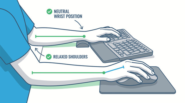 Ergonomic typing posture with neutral wrist position and relaxed shoulders