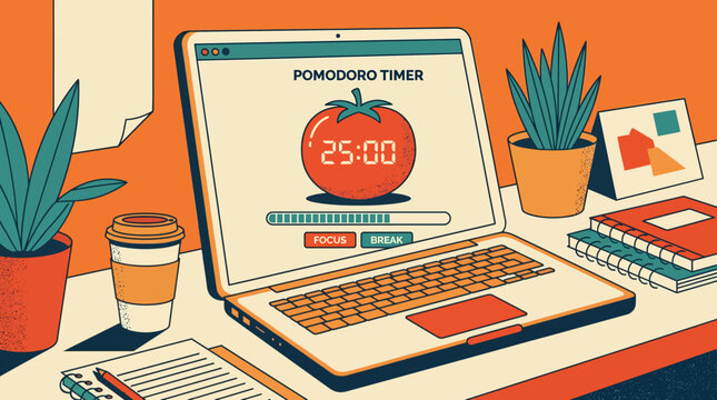 Pomodoro timer on laptop with office supplies