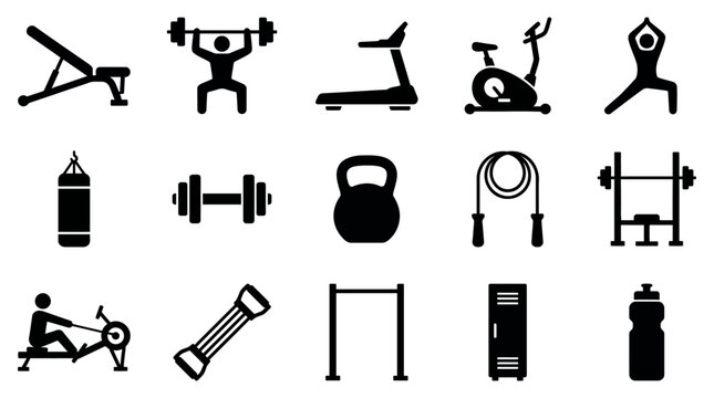 Diverse collection of clean black vector graphic icons representing various fitness equipment and exercise activities for a gym or workout concept design.