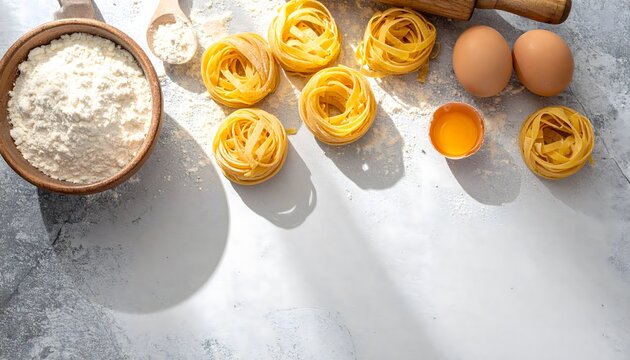 Ingredientes para pasta casera con harina, huevos y nidos de pasta fresca sobre mesa de m&aacute;rmol