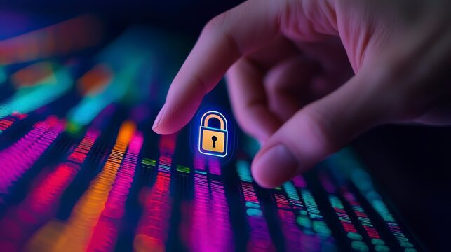 A hand reaches toward a glowing padlock icon over colorful digital data streams, symbolizing cybersecurity and data protection.