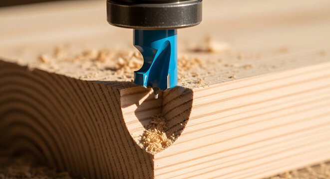 CNC wood router bit carving timber | industrial woodworking machinery close up | precision carpentry tool shaping natural wood | woodworking process with sawdust and drill bit